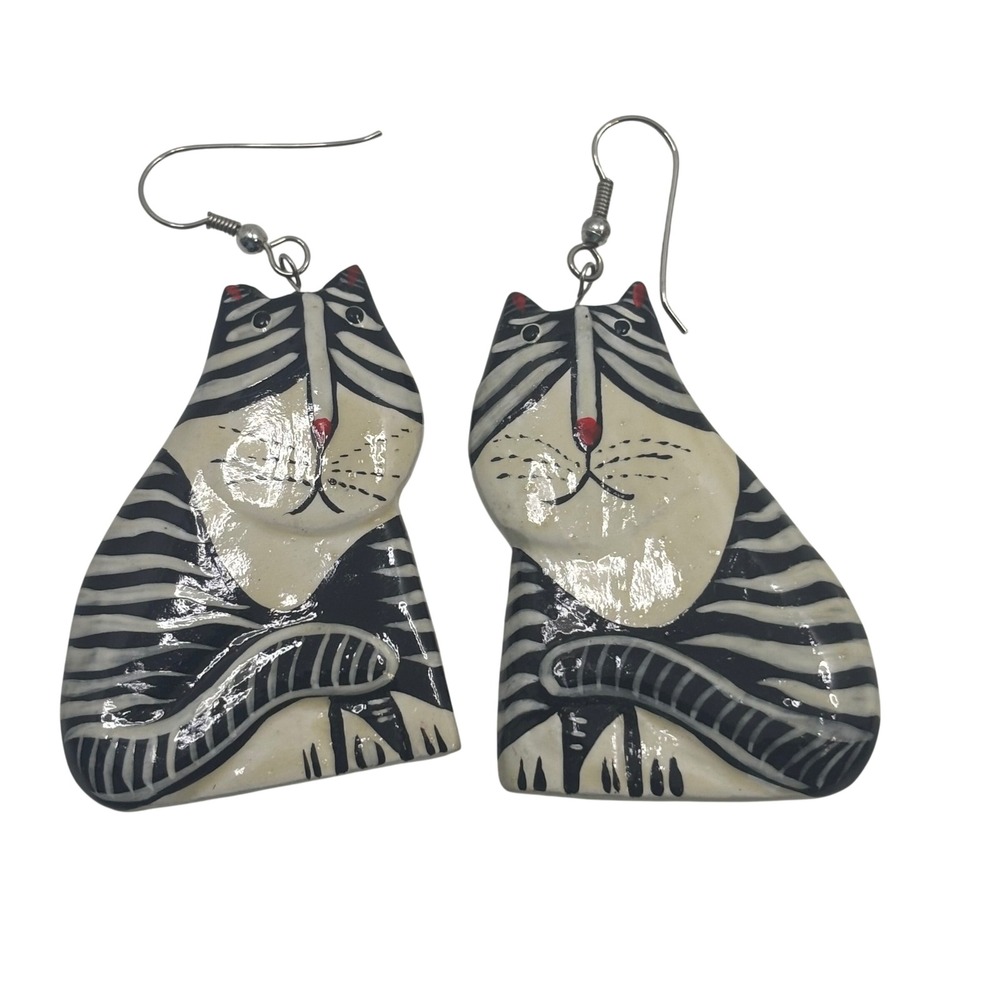Hand Painted Wooden Cat Dangle Earrings Black White Striped Tabby Folk Art
